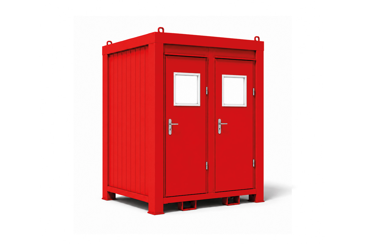 WC-Container 8 Fuß, H2540 x B1400 x L2400 mm, Aussenwandlackierung RAL 3000 Feuerrrot