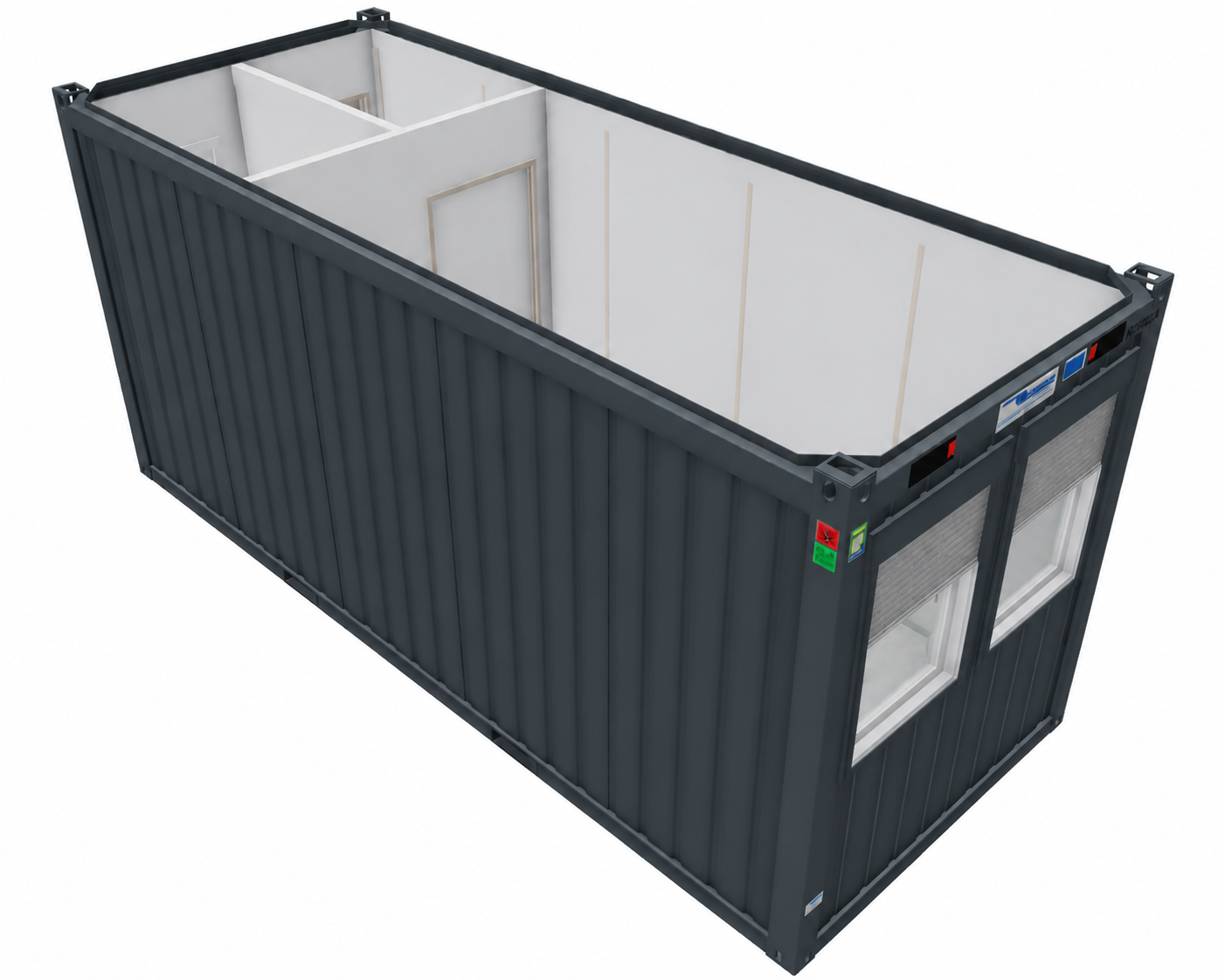 Bürocontainer 20 Fuß V2 mit Windfang und inkl. WC , H2800 x B2435 x L6055 mm, Aussenwandlackierung RAL 7016 Anthrazit