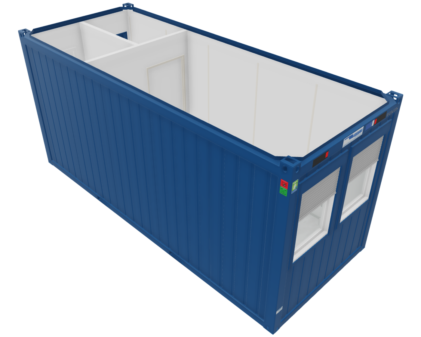Bürocontainer 20 Fuß V2 mit Windfang und inkl. WC , H2800 x B2435 x L6055 mm, Aussenwandlackierung RAL 5010 Enzianblau 