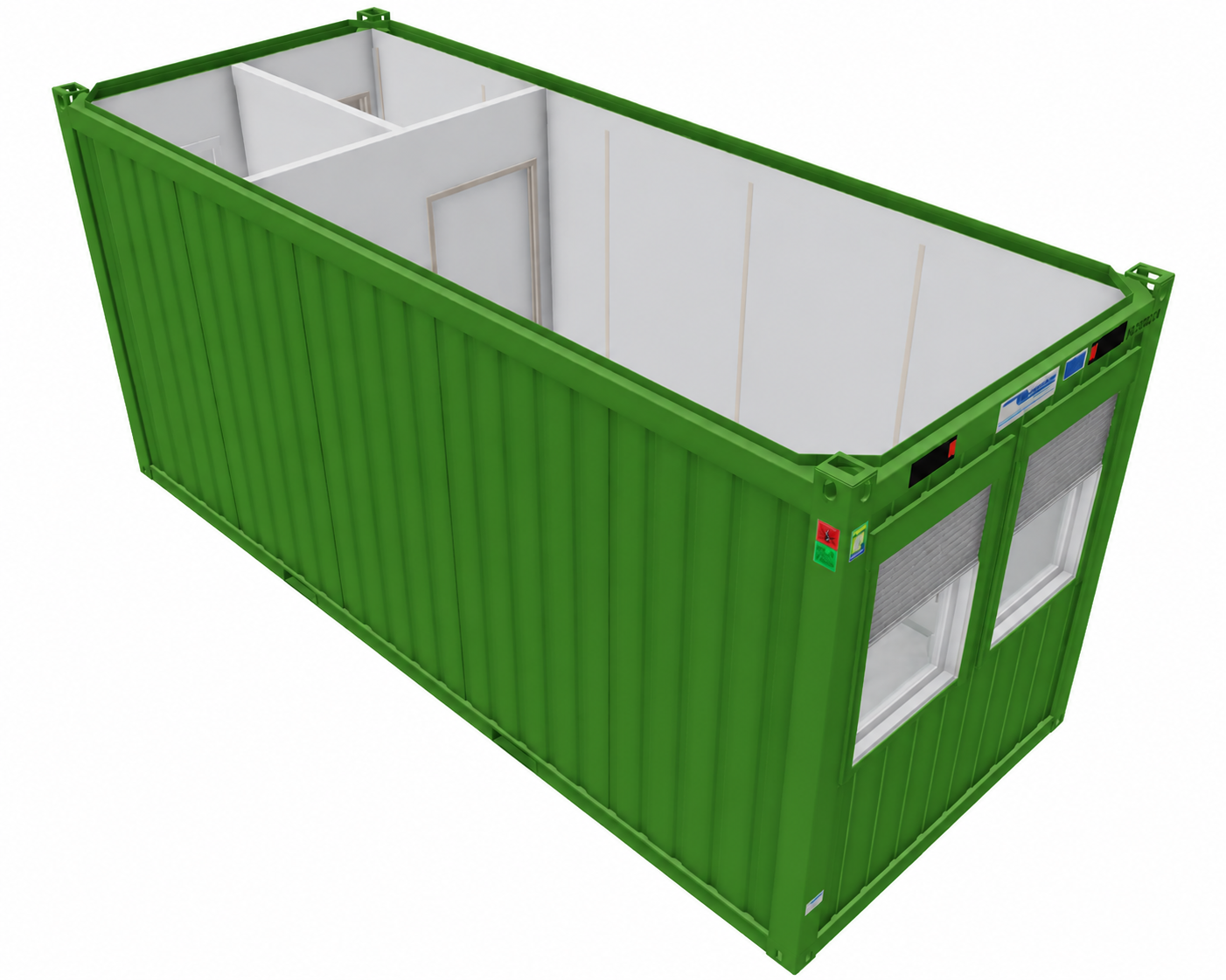 Bürocontainer 20 Fuß V2 mit Windfang und inkl. WC , H2800 x B2435 x L6055 mm, Aussenwandlackierung RAL 6010 Grasgrün