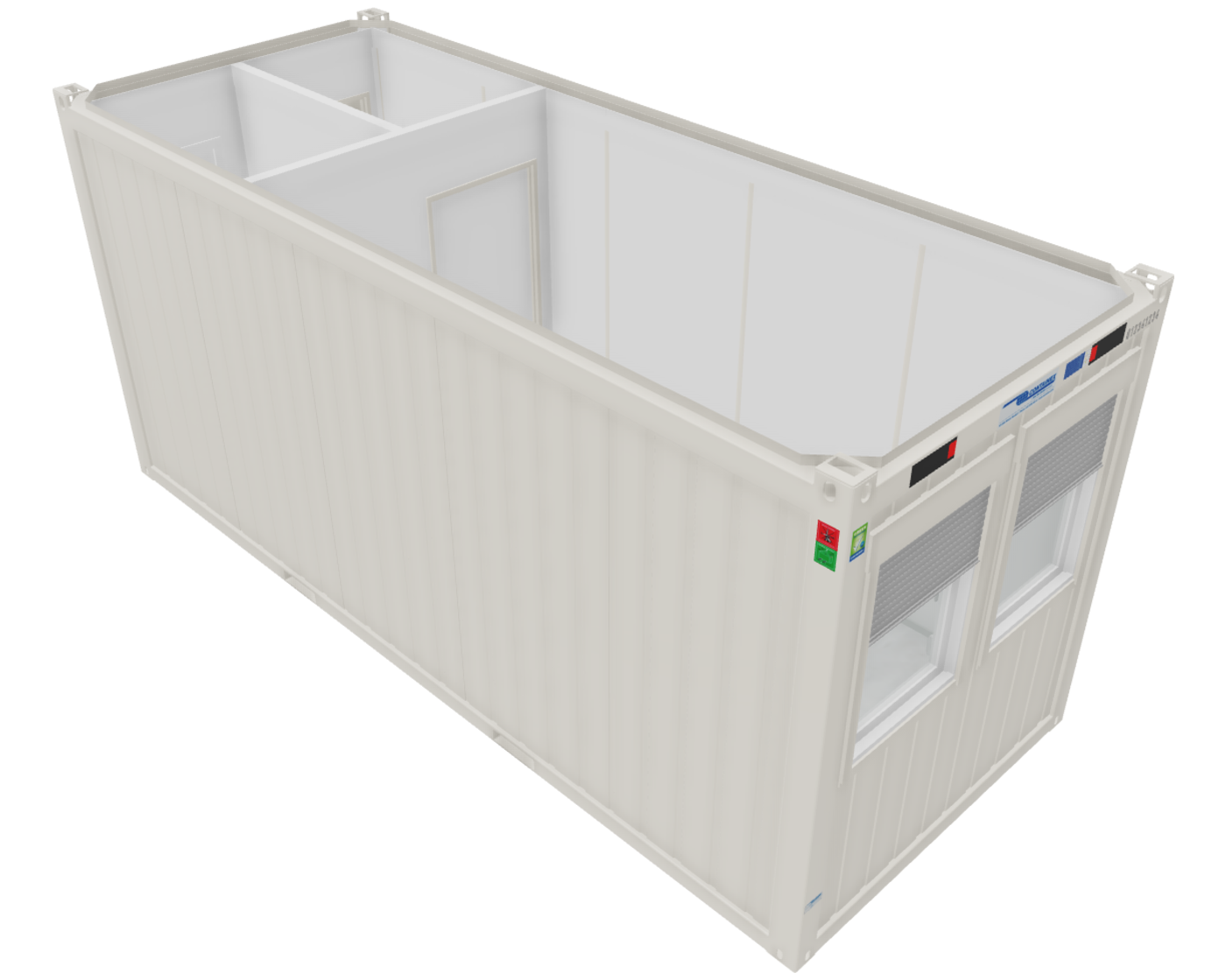 Bürocontainer 20 Fuß V2 mit Windfang und inkl. WC , H2800 x B2435 x L6055 mm, Aussenwandlackierung RAL 9010 Reinweiß