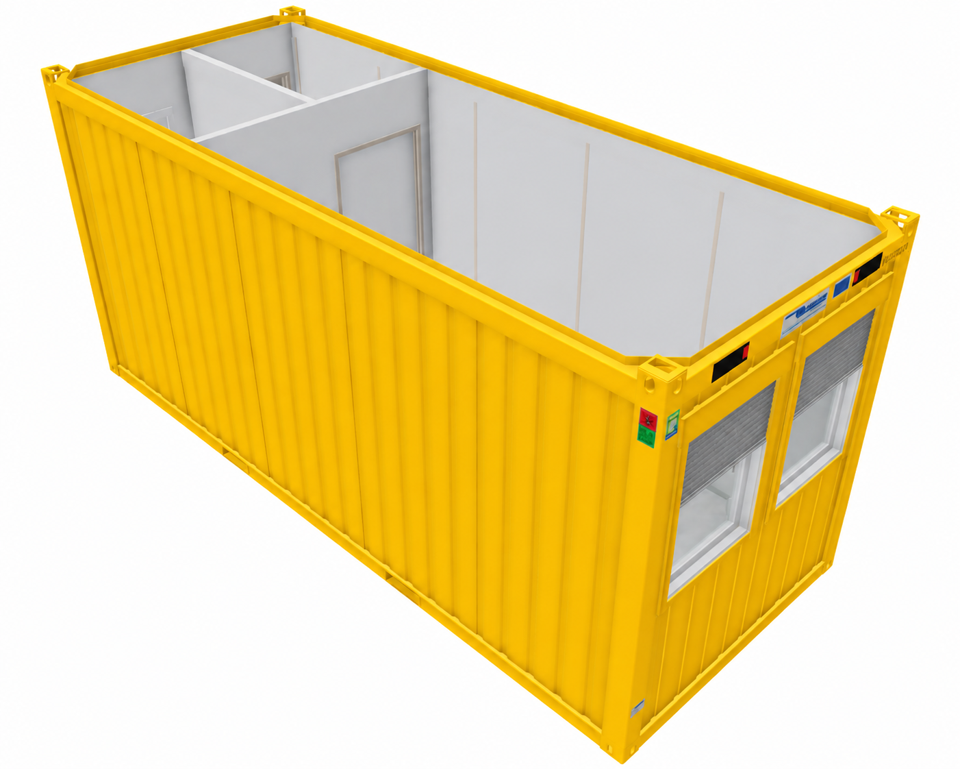 Bürocontainer 20 Fuß V2 mit Windfang und inkl. WC , H2800 x B2435 x L6055 mm, Aussenwandlackierung RAL 1003 Signalgelb