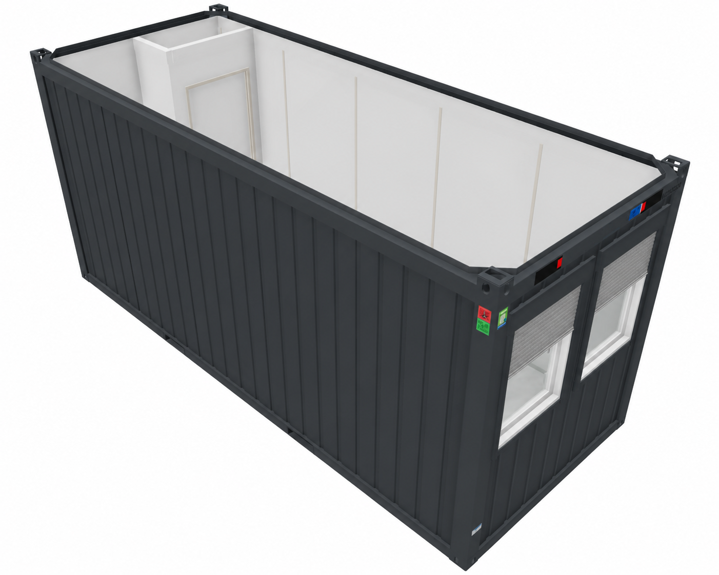 Bürocontainer 20 Fuß V2 mit Windfang, H2800 x B2435 x L6055 mm, Aussenwandlackierung RAL 7016 Anthrazit