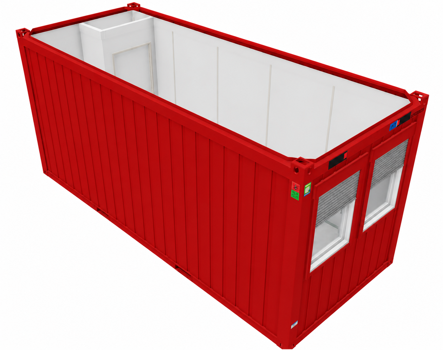 Bürocontainer 20 Fuß V2 mit Windfang, H2800 x B2435 x L6055 mm, Aussenwandlackierung RAL 3000 Feuerrrot