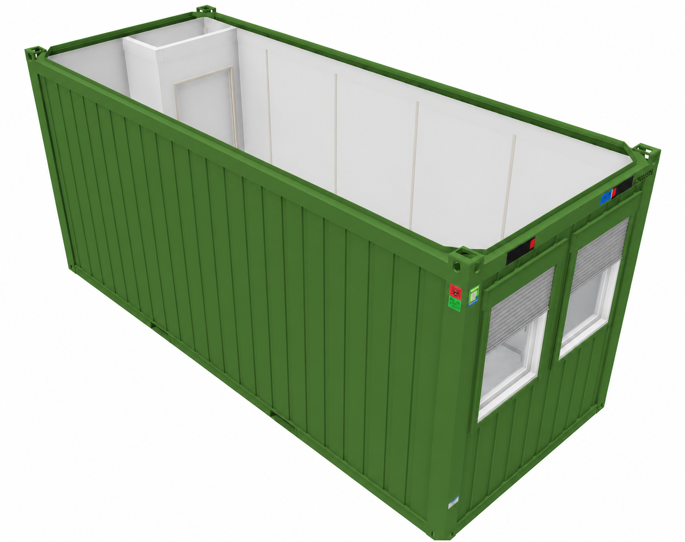 Bürocontainer 20 Fuß V2 mit Windfang, H2800 x B2435 x L6055 mm, Aussenwandlackierung RAL 6010 Grasgrün