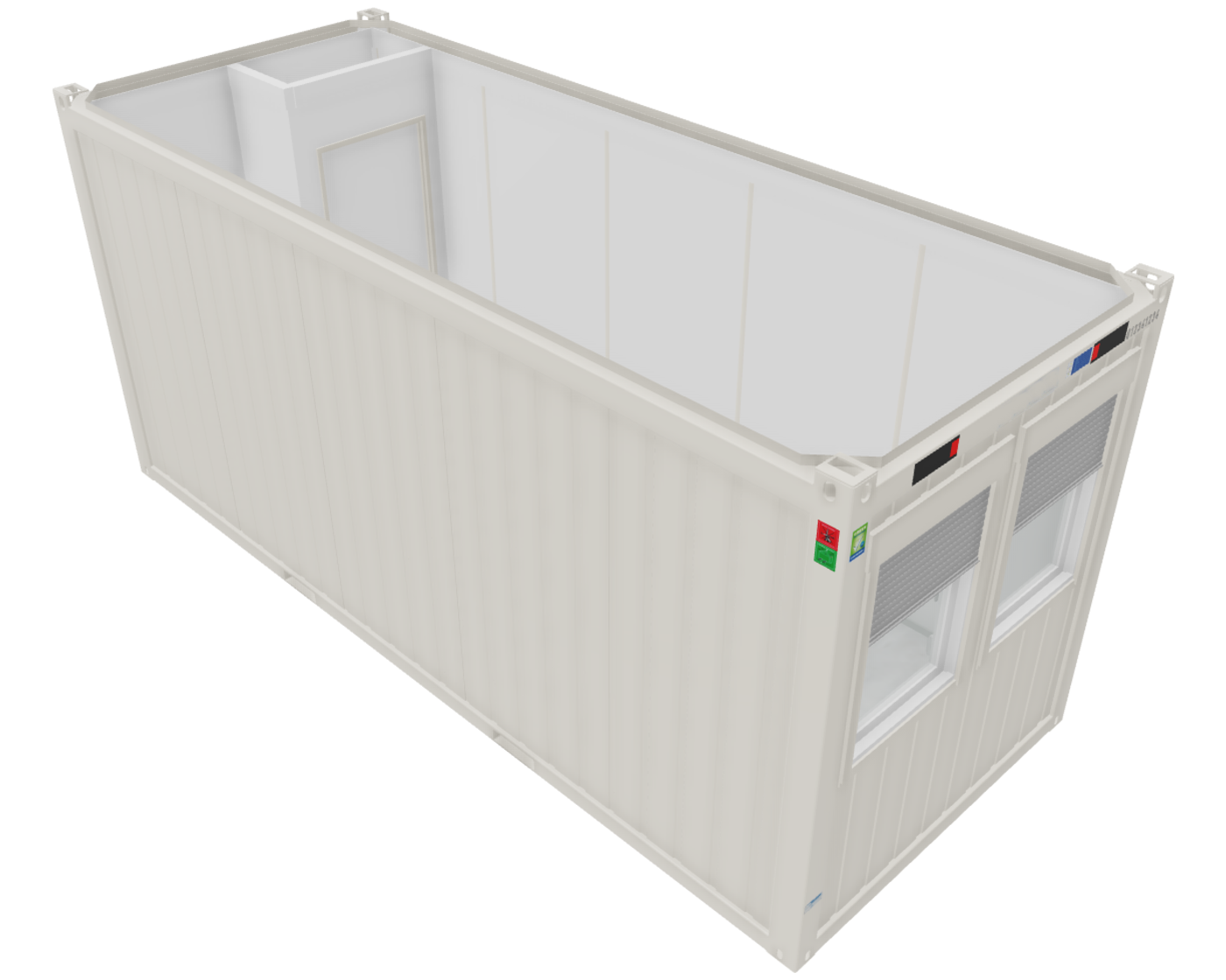 Bürocontainer 20 Fuß V2 mit Windfang, H2800 x B2435 x L6055 mm, Aussenwandlackierung RAL 9010 Reinweiß