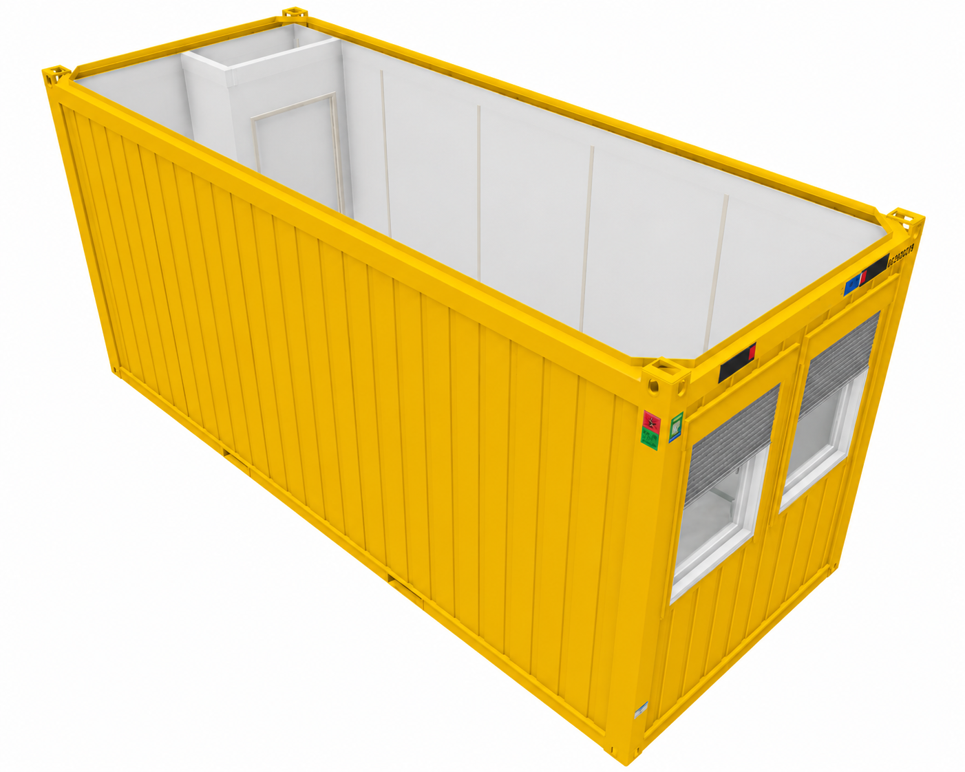 Bürocontainer 20 Fuß V2 mit Windfang, H2800 x B2435 x L6055 mm, Aussenwandlackierung RAL 1003 Signalgelb