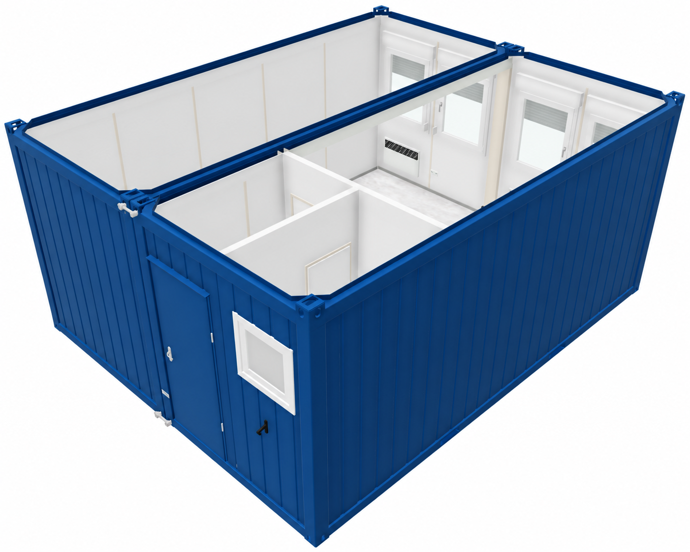 Bürocontainer - Anlage V2 mit WC, H2800 x B4885 x L6055 mm, Aussenwandlackierung RAL 5010 Enzianblau