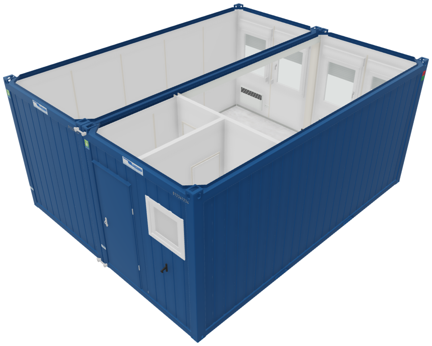 Bürocontainer - Anlage V3 mit WC und Miniküche, H2800 x B4885 x L6055 mm, Aussenwandlackierung RAL 5010 Enzianblau