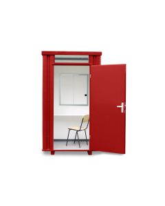 Kassenhäuschen, H2425 x B1400 x T1250 mm, 1 Fenster (Pos. B), inkl. Schreibtischablage und Stahlrohrstuhl, Aussenwandlackierung RAL 3000 feuerrot