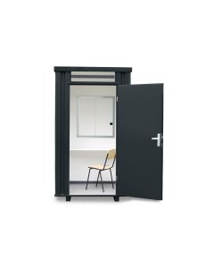 Kassenhäuschen, H2425 x B1400 x T1250 mm, 1 Fenster (Pos. B), inkl. Schreibtischablage und Stahlrohrstuhl, Aussenwandlackierung anthrazit