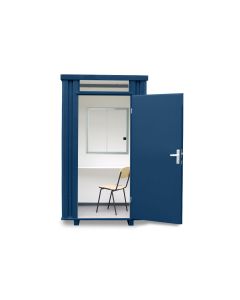 Kassenhäuschen, H2425 x B1400 x T1250 mm, 1 Fenster (Pos. B), inkl. Schreibtischablage und Stahlrohrstuhl, Aussenwandlackierung RAL 5010 enzianblau