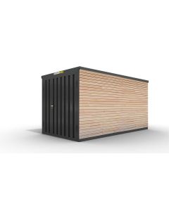 Lagercontainer mit Holzverkleidung M  &ndash; 6 qm, H2150 x B3050 x T2170 mm, Au&szlig;enwandlackierung anthrazit, Dach au&szlig;en verzinkt, mit Holzfu&szlig;boden, 1830 mm Doppelfl&uuml;gelt&uuml;r mittig in Stirnseite, montiert
