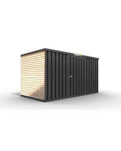 Lagercontainer mit Holzverkleidung L  &ndash; 8 qm, H2150 x B4050 x T2170 mm, Au&szlig;enwandlackierung anthrazit, Dach au&szlig;en verzinkt, mit Holzfu&szlig;boden, 1270 mm Einfl&uuml;gelt&uuml;r mittig in Breitseite, montiert