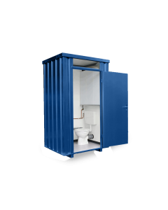 Toilettenbox mit 150 L Frischwassertank  &ndash; 1 qm, H2425 x B1400 x T1250 mm, mobil einsetzbar, fertig montiert, RAL 5010 enzianblau