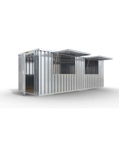 Verkaufscontainer - Barcontainer mit Verkaufsklappe mittig und außermittig und Ablage, H2216 x B6090 x T2350 mm, verzinkt, zerlegt