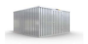 Lagercontainer M2  – 12 qm, H2150 x B3050 x T4340 mm, verzinkt, mit Holzfußboden, 1270 mm Einflügeltür mittig in Breitseite, zerlegt