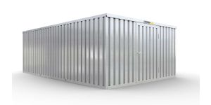 Lagercontainer M3  – 18 qm, H2115 x B3050 x T6520 mm, verzinkt, ohne Fußboden, 1270 mm Einflügeltür mittig in Breitseite, zerlegt