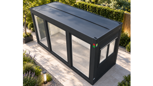 Moderner Raumcontainer - PLUSLine, 20 Fuß in RAL 7016 Anthrazit, inkl. bodentiefe Fenster und Elektropaket Moderner Raumcontainer - PLUSLine, 20 Fuß in RAL 7016 Anthrazit, inkl. bodentiefe Fenster und Elektropaket