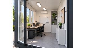 Moderner Raumcontainer - PLUSLine, 10 Fuß in RAL 7016 Anthrazit, inkl. bodentiefe Fenster und Elektropaket Moderner Raumcontainer - PLUSLine, 10 Fuß in RAL 7016 Anthrazit, inkl. bodentiefe Fenster und Elektropaket