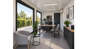 Moderner Raumcontainer - PLUSLine, 16 Fuß in RAL 7016 Anthrazit, inkl. bodentiefe Fenster und Elektropaket Moderner Raumcontainer - PLUSLine, 16 Fuß in RAL 7016 Anthrazit, inkl. bodentiefe Fenster und Elektropaket