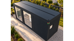 Moderner Raumcontainer -  PLUSLine, 24 Fuß mit Badezimmer in RAL 7016 Anthrazit, inkl. bodentiefe Fenster und Elektropaket