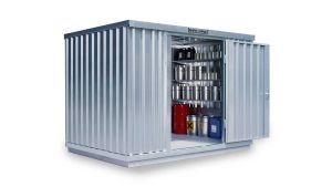 Gefahrstoffcontainer WGK 1-3, H2350xB3050xT2170 mm, 1830 mm Doppelflügeltür inkl. 1270 mm Zusatztür, erfolgt fertig montiert Gefahrstoffcontainer WGK 1-3, H2350xB3050xT2170 mm, 1830 mm Doppelflügeltür inkl. 1270 mm Zusatztür, erfolgt fertig montiert