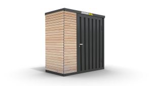 Gerätehaus, H2196 x B2350 x T915 mm, 1240 x 1960 mm Einflügeltür in Breitseite, Außenwandlackierung anthrazit, mit Holzboden, zerlegt . Wand A = Ohne VG, Wand B = VG links, Wand C = VG Vollwand, Wand D = 1/3 VG rechts