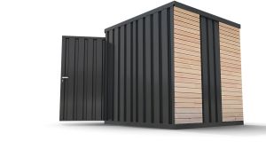 Gerätehaus, H2196 x B2350 x T1950 mm, 1240 x 1960 mm Einflügeltür in Breitseite, Außenwandlackierung anthrazit, mit Holzboden, zerlegt . Wand A = Ohne VG, Wand B = VG links, Wand C = VG Vollwand, Wand D = 1/3 VG re. u. li.