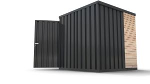 Gerätehaus, H2196 x B2350 x T1950 mm, 1240 x 1960 mm Einflügeltür in Breitseite, Außenwandlackierung anthrazit, mit Holzboden, zerlegt . Wand A = Ohne VG, Wand B = VG links, Wand C = VG Vollwand, Wand D = 1/3 VG rechts