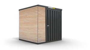 Gerätehaus, H2196 x B2350 x T1950 mm, 1240 x 1960 mm Einflügeltür in Breitseite, Außenwandlackierung anthrazit, mit Holzboden, zerlegt . Wand A = Ohne VG, Wand B = VG links, Wand C = VG Vollwand, Wand D = 1/3 VG rechts