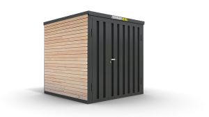 Gerätehaus, H2196 x B2350 x T1950 mm, 1940 x 1963 mm Doppelflügeltür in Breitseite, Außenwandlackierung anthrazit, mit Holzboden, zerlegt . Wand A = Ohne VG, Wand B = Ohne VG, Wand C = VG Vollwand, Wand D = 1/3 VG rechts