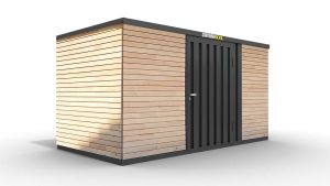 Gerätehaus, H2196 x B2985 x T2350 mm, 1240 x 1960 mm Einflügeltür in Breitseite, Außenwandlackierung anthrazit, mit Holzboden, zerlegt . Wand A = Ohne VG, Wand B = Ohne VG, Wand C = VG Vollwand, Wand D = VG Vollwand