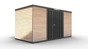 Gerätehaus, H2196 x B2985 x T2350 mm, 1940 x 1963 mm Doppelflügeltür in Breitseite, Außenwandlackierung anthrazit, mit Holzboden, zerlegt . Wand A = Ohne VG, Wand B = VG Vollwand, Wand C = VG Vollwand, Wand D = VG Vollwand