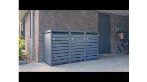Mülltonnenbox mit Sichtstreifen, 3er Box für 240-Liter-Mülltonnen – Höhe 116,3 cm × Breite 198,5 cm × Tiefe 80 cm – Anthrazit (RAL 7016)