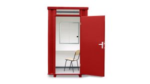 Kassenhäuschen, H2425 x B1400 x T1250 mm, 1 Fenster (Pos. B), inkl. Schreibtischablage und Stahlrohrstuhl, Aussenwandlackierung RAL 3000 feuerrot