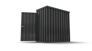 Lagercontainer XS  – 2 qm, H2150 x B2100 x T1140 mm, Außenwandlackierung anthrazit, Dach außen verzinkt, mit Holzfußboden, 1270 mm Einflügeltür mittig in Breitseite, montiert