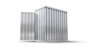 Werkzeugcontainer  – 2 qm, H2150 x B2100 x T1140 mm, verzinkt, mit Holzfußboden, 1270 mm Einflügeltür mittig in Breitseite, zerlegt