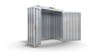 Werkzeugcontainer  – 2 qm, H2150 x B2100 x T1140 mm, verzinkt, mit Holzfußboden, 1830 mm Doppelflügeltür mittig in Breitseite, zerlegt