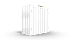 Isolierter Lagercontainer – 2 qm, 2465 x 2100 x 1140 mm, grauweiß, mit isoliertem Boden, 1840 mm Doppelflügeltür mittig in Breitseite, montiert