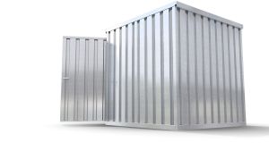 Werkzeugcontainer – 4 qm, H2150 x B2100 x T2170 mm, verzinkt, mit Holzfußboden, 1270 mm Einflügeltür mittig in Breitseite, zerlegt