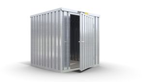 Lagercontainer S  – 4 qm, H2150 x B2100 x T2170 mm, verzinkt, mit Holzfußboden, 1270 mm Einflügeltür mittig in Breitseite, zerlegt
