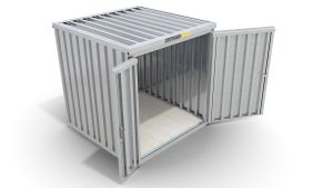 Werkzeugcontainer  – 4 qm, H2150 x B2100 x T2170 mm, verzinkt, mit Holzfußboden, 1830 mm Doppelflügeltür mittig in Breitseite, zerlegt