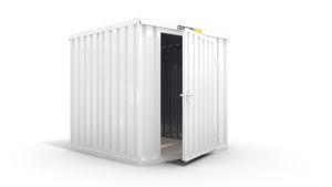 Isolierter Lagercontainer – 4 qm, 2465 x 2100 x 2170 mm, grauweiß, mit isoliertem Boden, 1180 mm Einflügeltür mittig in Breitseite, montiert