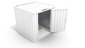 Isolierter Lagercontainer – 4 qm, 2405 x 2100 x 2170 mm, grauweiß, mit Holzfußboden, 1180 mm Einflügeltür mittig in Breitseite, montiert