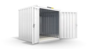 Isolierter Lagercontainer – 4 qm, 2405 x 2100 x 2170 mm, grauweiß, mit Holzfußboden, 1840 mm Doppelflügeltür mittig in Breitseite, montiert