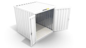 Isolierter Lagercontainer – 4 qm, 2405 x 2100 x 2170 mm, grauweiß, mit Holzfußboden, 1840 mm Doppelflügeltür mittig in Breitseite, montiert
