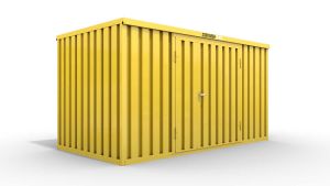 Lagercontainer XXL++  – 14 qm, H2595 x B6020 x T2540 mm, Außenwandlackierung RAL 1003 signalgelb, Dach außen verzinkt, mit Holzfußboden, 1830 mm Doppelflügeltür mittig in Breitseite, Erfolgt montiert als Schnellbausatz mit Montageanleitung