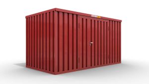 Lagercontainer XXL++  – 14 qm, H2595 x B6020 x T2540 mm, Außenwandlackierung RAL 3000 feuerrot, Dach außen verzinkt, mit Holzfußboden, 1830 mm Doppelflügeltür mittig in Breitseite, Erfolgt montiert als Schnellbausatz mit Montageanleitung