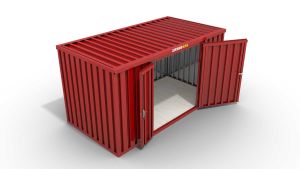 Lagercontainer M++  – 7 qm, H2595 x B3020 x T2540 mm, Außenwandlackierung RAL 3000 feuerrot, Dach außen verzinkt, mit Holzfußboden, 1830 mm Doppelflügeltür mittig in Breitseite, Erfolgt montiert als Schnellbausatz mit Montageanleitung